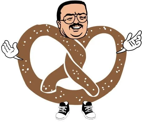 A graphic of Randy Schopen as a giant pretzel.